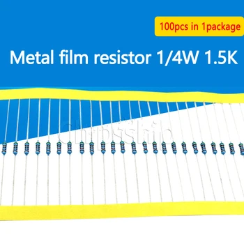 1.5K 1/4W Металлический пленочный резистор 1% Пятицветный кольцевой резистор 0,25 Вт Плетеная упаковка 100 шт