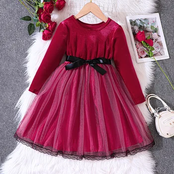 2023 Зимнее новое платье для девочек с длинным рукавом и шеей Пояса сетчатый пэчворк красный милый дизайнер для девочек платье принцессы Vestido 8-12T