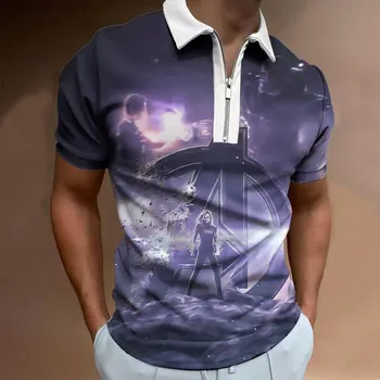 2023 Новая летняя рубашка-поло с коротким рукавом Повседневная классная мужская рубашка-поло на молнии Captain Marvel 3D-печать Мужская одежда Топы