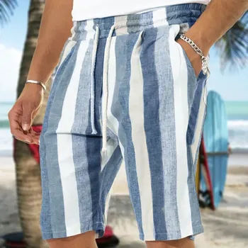 2023 Новые мужские повседневные модные полосатые шорты из искусственного льна Льняные однотонные короткие брюки Мужские летние пляжные дышащие льняные шорты