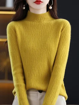2023 Новый осенне-зимний женский свитер 100% шерсть мериноса Базовые низы Пуловеры с имитацией шеи Длинные рукава Кашемир Трикотаж Корейская мода