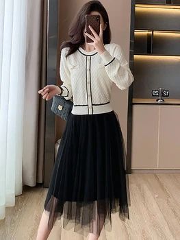 2023 корейский винтаж хепберн роскошное платье осень-зима белый вязаный пэчворк черное сетчатое платье женское элегантное облегающее длинное платье