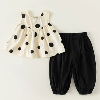 2Piece 2023 Летний детский набор Одежда для девочек Корейский милый хлопковый жилет без рукавов + свободные брюки Бутик Детская одежда BC465