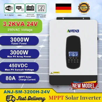 3 кВт Гибридный солнечный инвертор 24 В 230 В Чистый синусоидальный фотоэлектрический инвертор PV 450 В Встроенный 80А MPPT Солнечный контроллер заряда WiFi