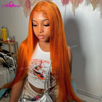 32 дюйма оранжевого цвета 13x6 кружевных передних париков прозрачный парик 5X5 с кружевной застежкой предварительно выщипанные прямые парики из человеческих волос для черных женщин