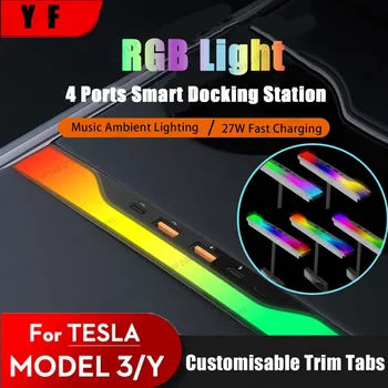 4 в 1 Многопортовый адаптер USB HUB с внешней подсветкой для Tesla Model 3 Model Y 2023 + 2021 Адаптер центральной консоли Аксессуары Tesla