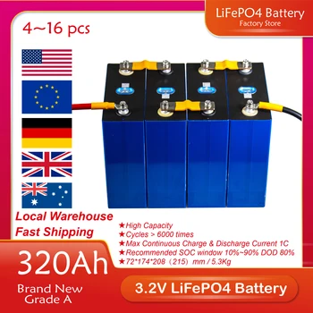 4 шт. 320 Ач 280 Ач 320 Ач 200 Ач Lifepo4 Аккумуляторная батарея 3,2 В класса А литий-железо-фосфат Призматическая солнечная энергия ЕС США TAXFREE