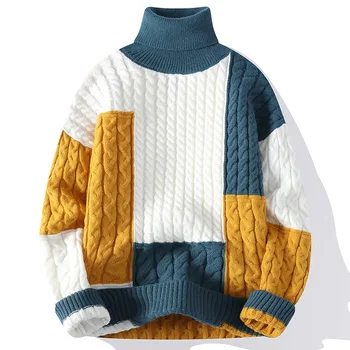 #4364 Зимний свитер с высоким воротником Мужчины Теплые тонкие уличные трикотажные свитера и пуловеры Толстый трикотажный свитер сращенный цвет 