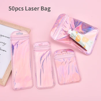 50 шт. 4 размера розовая лазерная упаковочная сумка плоская косметичная сумка для хранения голографическая мини-сумка из алюминиевой фольги