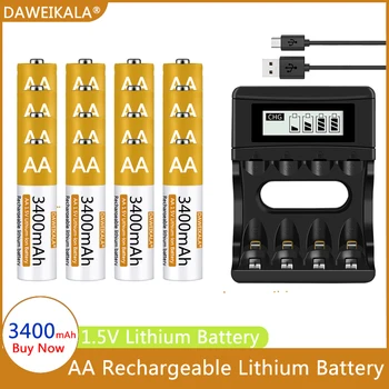 AA Батарея 1,5 В Литий-ионная батарея 3400 мАч AA Батарейка для пульта дистанционного управления Вентилятор мыши Электрическая игрушка с зарядным устройством USB
