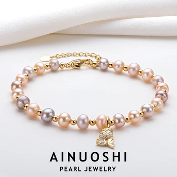 AINUOSHI 14-каратное золото наполненные цветы шарм браслет мода 5-6,5 мм натуральный культивированный пресноводный жемчуг браслеты ювелирные изделия для женщин