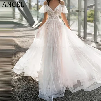 ANGEL Элегантный ремешок для спагетти с плечом V-образным вырезом А-образный вырез Свадебное платье для невесты Украшение на пуговицах Тюль Иллюзия Свадебное платье