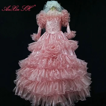 AnXin SH винтажные розовые оборки кружева принцесса v шея бисероплетение жемчуг цветок с длинным рукавом молния вечеринка невеста антикварное свадебное платье