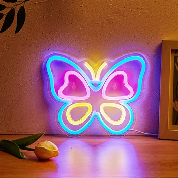Chi-buy Светодиодная неоновая бабочка с питанием от USB Неоновые вывески Ночник 3D Настенное искусство и игровая комната Спальня Гостиная Декор Лампа Знаки