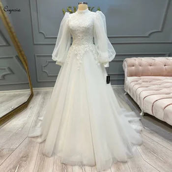 Ciynsia Dubai Арабская принцесса Мусульманские свадебные платья для невесты с длинным рукавом А Line Хиджаб Свадебное платье Кружево Vestido De Novia 2024