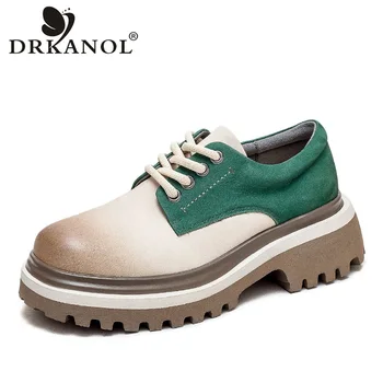 DRKANOL 2023 Осенний литературный стиль Оксфордская обувь для женщин Натуральная кожа смешанных цветов Толстый каблук Платформа Повседневная обувь ручной работы