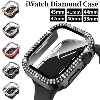 Diamond + Закаленный пленочный чехол для Apple Watch 45 мм 44 мм 41 мм 40 мм 42 мм Стеклянная защитная крышка для iWatch Series 8 7 6 5 4 SE Shell
