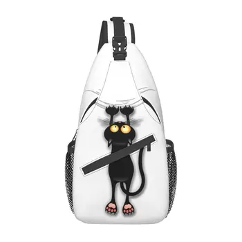 Fun Black Cat Falling Down Sling Chest Bag Custom Crossbody Shoulder Backpack для мужчин Travel Hiking Daypack