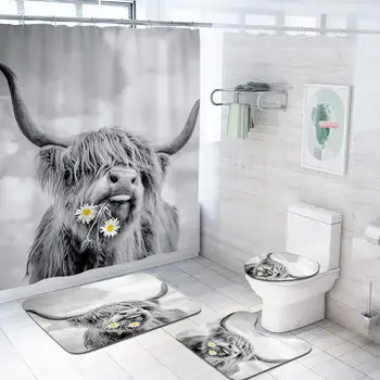 Funny Cow Shower Curtain Sets Набор для ванной комнаты Highland Bull Farm Western Rural Daisy Flower Bath Mat RugКрышка унитаза Крышка нескользящая