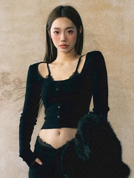 HOUZHOU весенние винтажные сексуальные короткие футболки женская корейская мода дизайн кружева пуговицы однотонные тонкие футболки с длинным рукавом топы 2024 шик