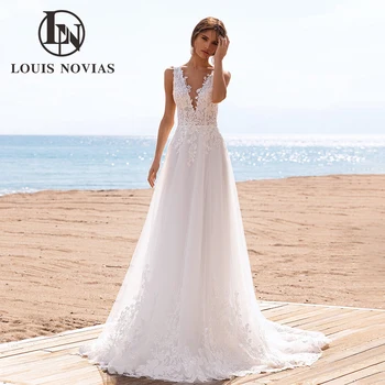LOUIS NOVIAS Свадебное платье в стиле бохо 2023Нежная аппликация с глубоким V-образным вырезом Спинка А-образный силуэт Свадебное платье Придворный поезд Vestidos De Novia