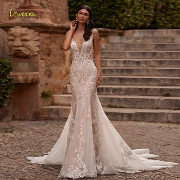 Loverxu русалка изящные сексуальные свадебные платья 2024 V-образный вырез на тонких бретелях с кисточками Vestido de novia аппликации Robe de Mariee
