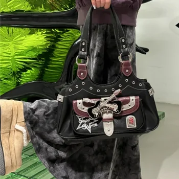 MBTI Y2k Готическая женская сумка через плечо Black Punk 2024 Модная винтажная сумка под мышкой Оригинальная сумка Hot Girls Pu Leather Advanced