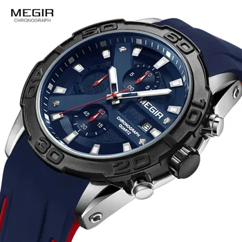MEGIR Мужская мода Спортивные кварцевые часы Силиконовый ремешок Хронограф Аналоговые наручные часы для мужчин Военные повседневные часы 2055BE-2