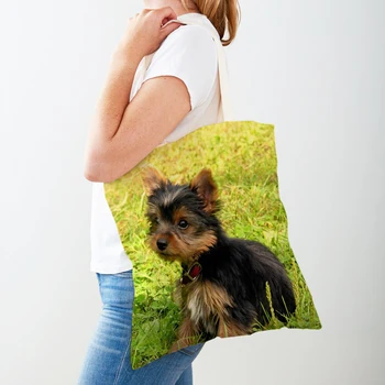 MINI Yorkshire Print Женские сумки для покупок Двусторонняя милая собака Сумка Многоразовая холщовая повседневная сумка для покупателей