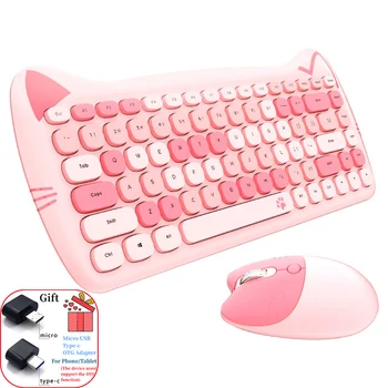 MOFII Kawaii Cat 2.4G Беспроводная клавиатура и мышь Набор симпатичных помад Панк Клавиатуры и мыши Комбо для ноутбука ПК Домашний офис