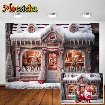 Mocsicka Рождественский магазин красных конфет в снежном фоне для фотографии детей семейный портрет фото Bakgrounds Фотоколл Баннер