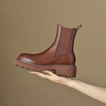 NEW Осенние женские сапоги Обувь из спилока для женщин Сапоги с круглым носком и массивным каблуком Зимние ботинки челси Черные ботинки на платформе Женщины