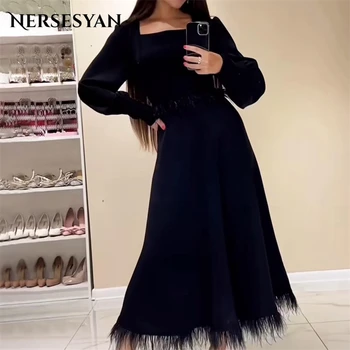 Nersesyan Элегантные вечерние платья с длинными рукавами Перья Линия драпировки Платья для вечеринок с квадратным вырезом Vestidos De Fiesta 2023