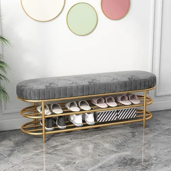 Nordic Luxury Metal Shoes Rack Iron Art Пеленальный стул Мебель с двойным шкафом для хранения и дверью подушки сиденья