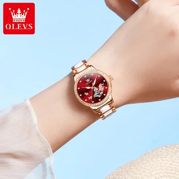 OLEVS 7001 Женские часы Модные механические наручные часы Luck Koi Carp Drill Ring Dial Часы для женщин Водонепроницаемая керамика