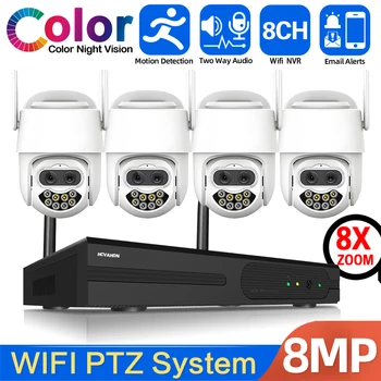 PTZ 8MP 4CH Беспроводная система безопасности видеонаблюдения Двойной объектив Обнаружение человека Автоматическое отслеживание 2-стороннее аудио 4K WIFI NVR Комплект камеры P2P