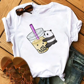 Panda Love Boba Футболка с принтом Женская летняя милая мультяшная футболка Корги Молоко Чай Графическая футболка Мода с коротким рукавом Уличная одежда