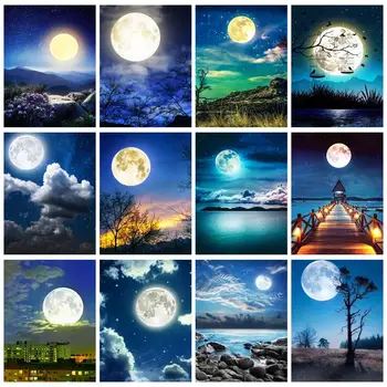 PhotoCustom Painting By Numbers Kit With Frame Moon Scenery Picture Numbers Украшение для дома для ручной работы