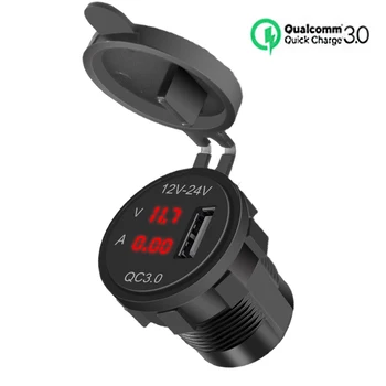 QC 3.0 USB Розетка питания Быстрое зарядное устройство для телефона Адаптер Цифровой вольтметр Дисплей напряжения Автомобиль DC12V-24V Водонепроницаемая вилка
