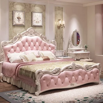 Queen Мягкая европейская кровать Современная принцесса Напольное постельное белье Кровать Изголовья кровати Человеческая девушка Спальня Camas Супружеская мебель