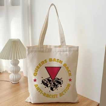 Queer Bash Back Антирасистская акция Гей Лесбиянка Шопинг Многоразовая эстетическая холщовая сумка через плечо для университетского супермаркета