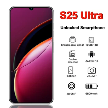 S25 Ultra смартфон 6,8-дюймовый HD-экран 16G + 1T 6800Mah Android13 Celulare Dual Sim Face Unlocked 5G Оригинальный мобильный телефон