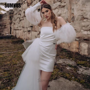 SUMNUS Новые сексуальные шелковые атласные короткие свадебные платья со съемными рукавами Мини-свадебные платья для невесты Формальное коктейльное платье