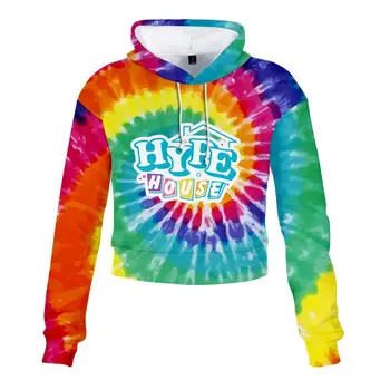 The Hype House Tie Dye 3D-печать Укороченный топ Женская толстовка с капюшоном Harajuku Streetwear Хип-хоп пуловер с капюшоном укороченные толстовки