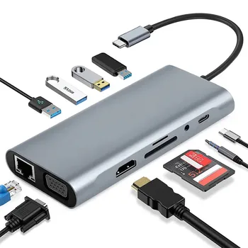 USB C Hub 11/8/6/5/4 в 1 Многопортовый адаптер с 4K HDMI-совместимым RJ45 SD / TF Card Reader PD Fast Charge USB Hub для MacBook