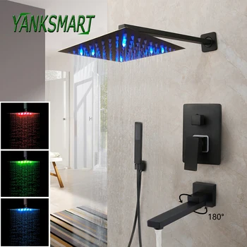 YANKSMART LED Light Матовый черный смеситель для душа для ванной комнаты Набор 8 ~ 16 дюймов Квадратный дождевой душ 3 способа Смеситель Водопроводный кран Комбинированный комплект