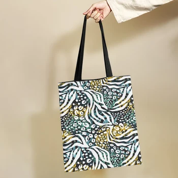 Yikeluo Абстрактный геометрический принт с текстурой животных Женская многоразовая сумка для покупок Холщовая сумка Поездка на работу Школьная сумка большой емкости Tote