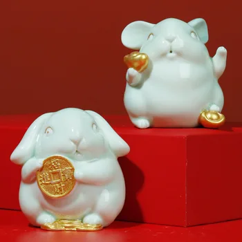 Zhaocai Кролик Подарочное Украшение Креативное Керамическое Украшение Дома Пара Маленькая Свежая Высококачественная Подарочная Коробка