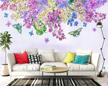 beibehang скандинавские классические модные обои, простые ручная роспись, фиолетовый цветок, бабочка, телевизионный фон, обои papel de parede