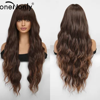 oneNonly Длинный коричневый парик с челкой Омбер Синтетические парики для женщин Парик с натуральными волосами Жаростойкие волосы Косплей Вечеринка